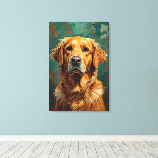 Artistieke Gouden Hond Portret Levendige Olieverf Canvas Afdruk (Insitu (Houten vloer))