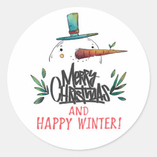 Artistieke handgetekende sneeuwman vrolijk kerstfe ronde sticker