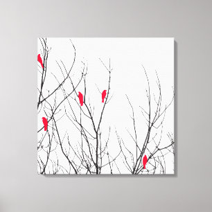 Artistieke heldere rode vogels op boomtakken canvas afdruk