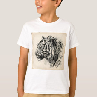 Artistieke houtskool Tijger Profielschets op verou T-shirt