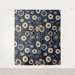 Artistieke Indigo Bloemen   Waterverf Pattern Desi Wandkleed