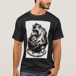 Artistieke Moeder en Baby Aap Inktwassen Illustrat T-shirt