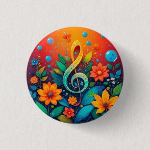 Artistieke muzieknoot omgeven door kleurrijke bloe ronde button 3,2 cm