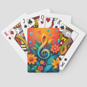 Artistieke Muzieknoot Omringd Door Kleurrijke Bloe Pokerkaarten