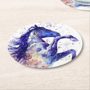 Artistieke paard waterverf spetter schilderij blau ronde kartonnen onderzetter