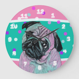 Artistieke Pug Dog in roze en groene turquoise Grote Klok