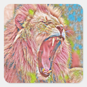 Artistieke roze brullende leeuw vierkante sticker
