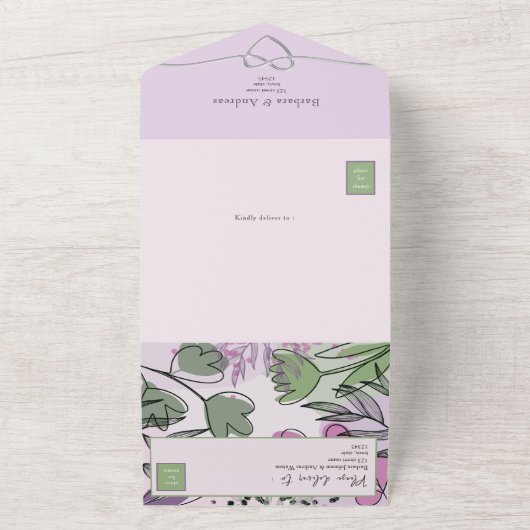 Artistieke Sage Green Paarse bruiloft All In One Uitnodiging (Buitenkant)