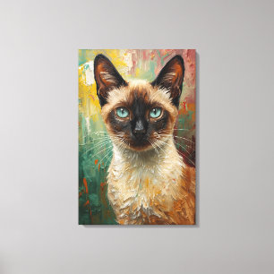 Artistieke Siamese kat portret levendige olieverfs Canvas Afdruk