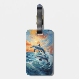 Artistieke Twee Jumping Dolfijnen Sunset Ocean Bagagelabel