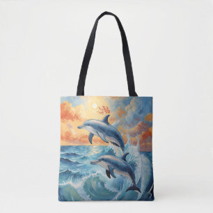 Artistieke Twee Jumping Dolfijnen Sunset Ocean Draagtas