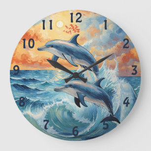 Artistieke Twee Jumping Dolfijnen Sunset Ocean Grote Klok