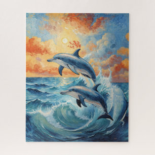 Artistieke Twee Jumping Dolfijnen Sunset Ocean Legpuzzel
