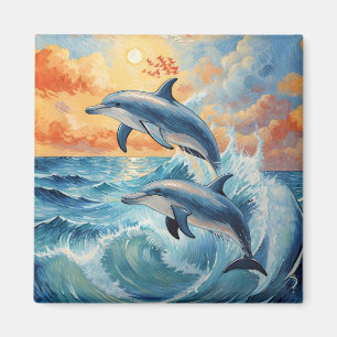 Artistieke Twee Jumping Dolfijnen Sunset Ocean Magneet