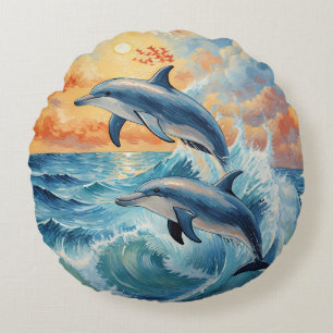 Artistieke Twee Jumping Dolfijnen Sunset Ocean Rond Kussen