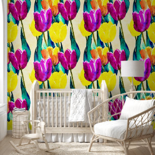 Artistieke waterverf schilderij van tulpen Paarse Behang