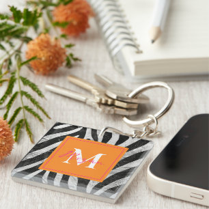Artistieke Zebra Strepen Sinaasappel & Hot Pink Mo Sleutelhanger