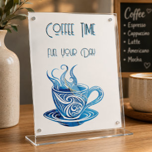 Artistische blauwe koffiekop met wervelende patron reclamebord met voetstuk