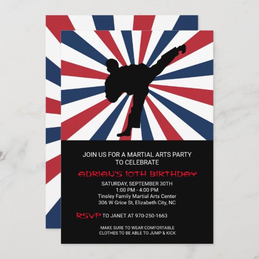 Arts martiaux Invitations de fête d'anniversaire (Devant / Derrière)