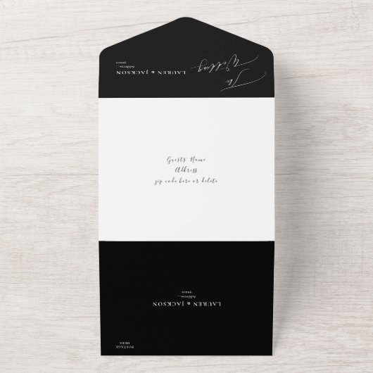ArtsApp Elegant Calligraphy Black White Wedding All In One Uitnodiging (Buitenkant)