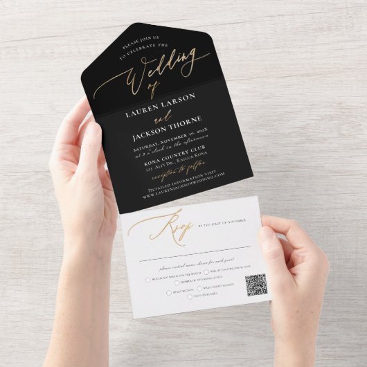 ArtsApp Elegant Faux Gold Calligraphy Black White All In One Uitnodiging (Afscheurbaar)