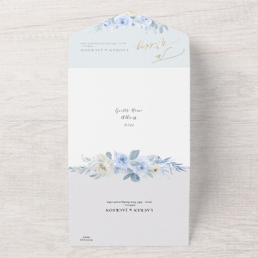 ArtsApp Elegant Stoffig Blauw Rozen Goudstof All In One Uitnodiging (Buitenkant)