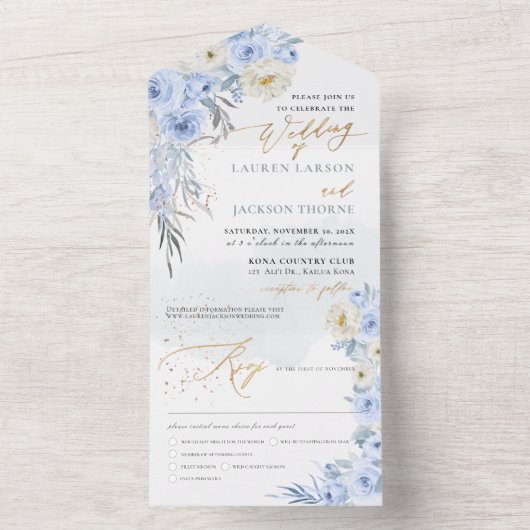 ArtsApp Elegant Stoffig Blauw Rozen Goudstof All In One Uitnodiging (Binnen)