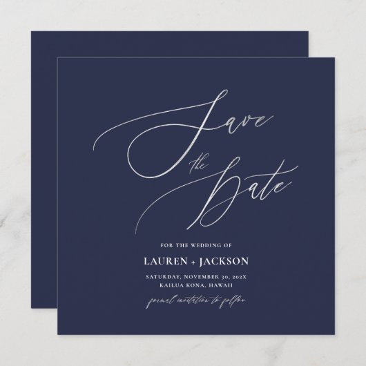 ArtsApp Faux Silver Calligraphy Navy Blue Save The Date (Voorkant / Achterkant)