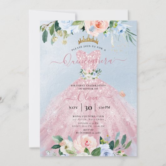 ArtsApp H2 Blush Blue Rozen Sparkling Quinceanera Kaart (Achterkant)