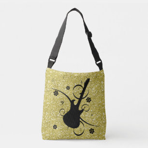 Artsy Black Guitar en Flowers Gold Faux Glitter Crossbody Tas