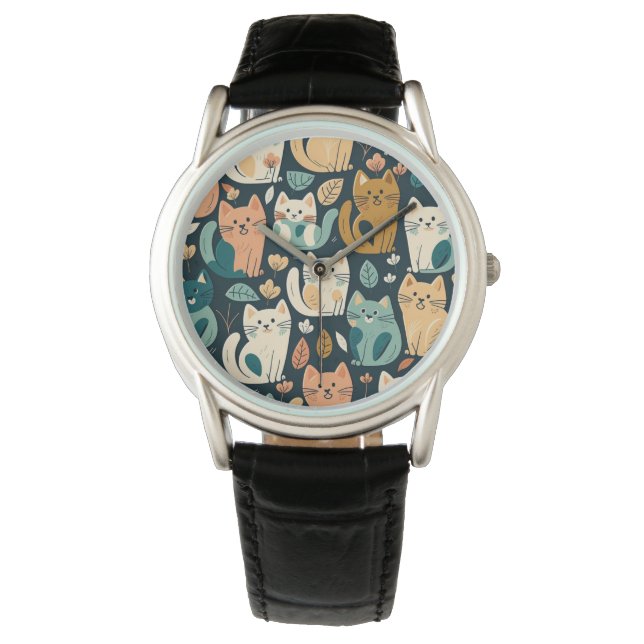 Artsy Cat Pattern Cute Horloge (Voorkant)
