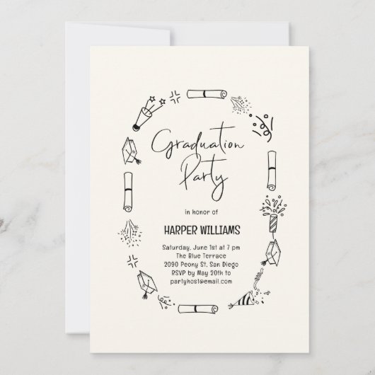 Artsy Doodles bewerkbare kleur Afstuderen uitnodig Kaart (Achterkant)