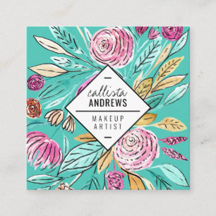 Artsy Elegant Roze Blauwgroen Bloemen Waterverf Ma Vierkante Visitekaartje