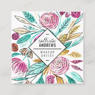 Artsy Elegant Roze Blauwgroen Floral Waterverf Mak Vierkante Visitekaartje