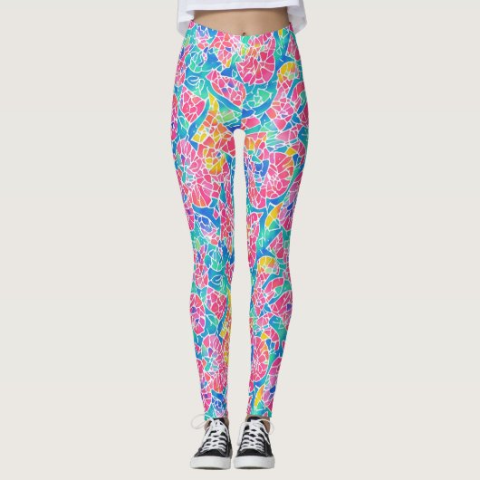 Artsy Geometric Rainbow Waterverf Mosaic Pattern Leggings (Voorkant)