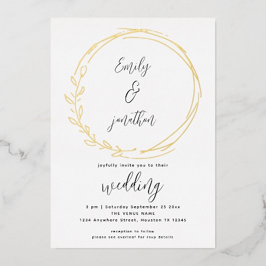 Artsy Laurel Leaf Lijst Script Weddenschap Real Folie Uitnodiging (Voorkant)