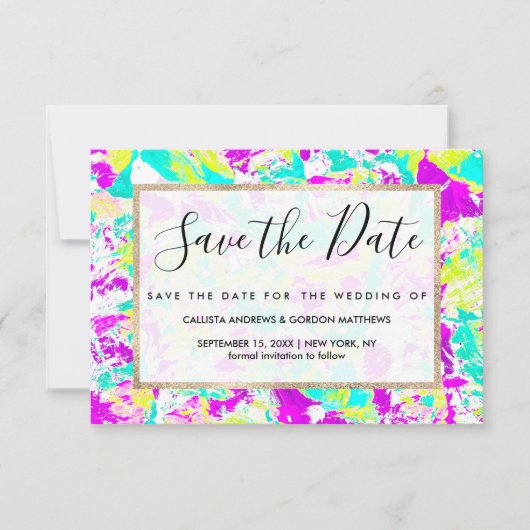 Artsy Modern Abstract Neon Acrylverf Splatter Save The Date (Voorkant)