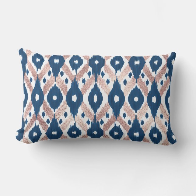 Artsy Modern Roos Gold Navy Blue Ikat Geo Buitenkussen (Voorkant)