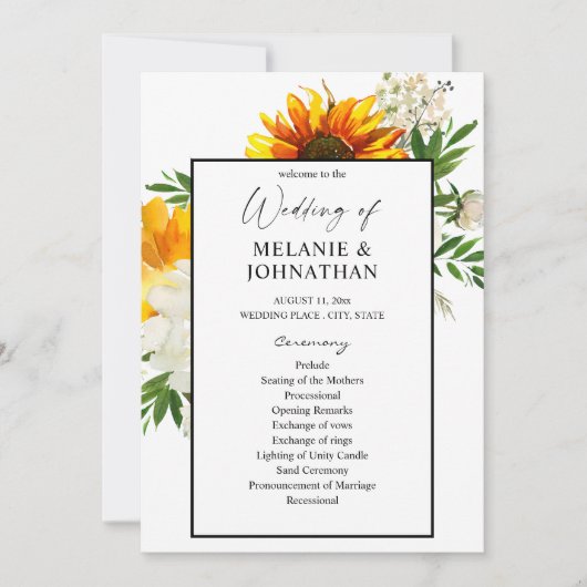 Artsy Sunflower Floral Wedding Ceremony Programme Kaart (Voorkant)