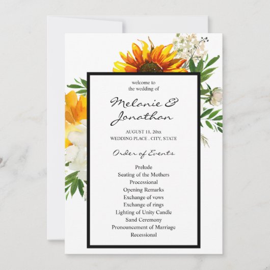 Artsy Sunflower Floral Wedding Ceremony Programme Kaart (Voorkant)