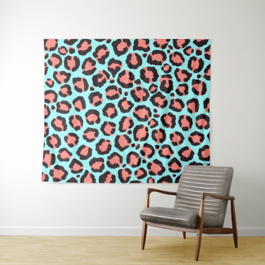 Artsy Trendy Coral Mint Blauwgroen Leopard Animal  Wandkleed (In Situ (horizontaal))