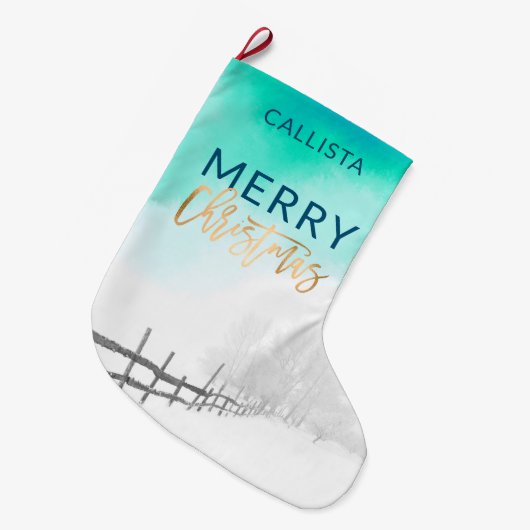 Artsy Winter Gold Blauwgroen Wit Landschap Kerstmi Grote Kerstsok (Voorkant (Hangend))