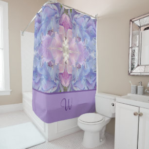Arty Blue Paars Lavender Pink Floral Monogram Douchegordijn