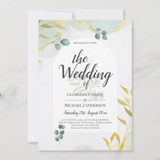 Arty Botanical Greenery Gold Faire-part de mariage (Devant)