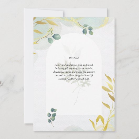 Arty Botanical Greenery Gold Faire-part de mariage (Dos)