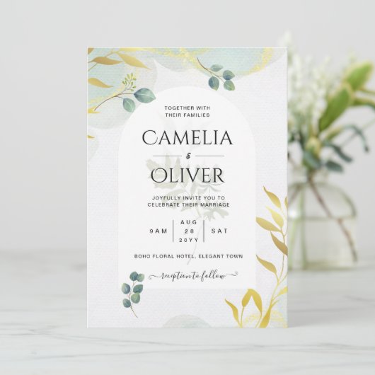 Arty Botanical Greenery Gold Faire-part de mariage (Debout devant)