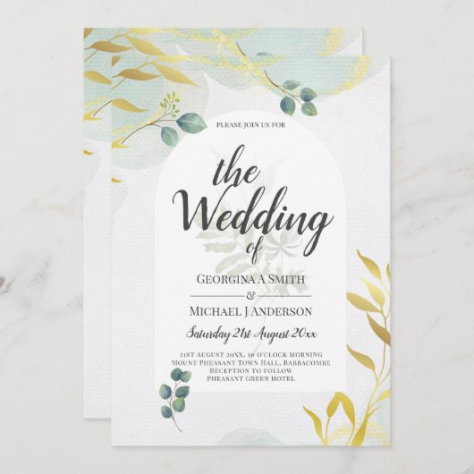 Arty Botanical Greenery Gold Wedding Invitation (Voorkant / Achterkant)