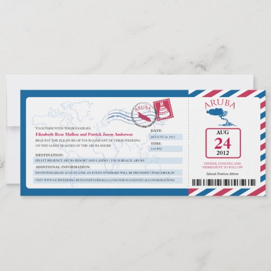 Aruba Airmail Boarding Pass iWedding Invitation Kaart (Voorkant)