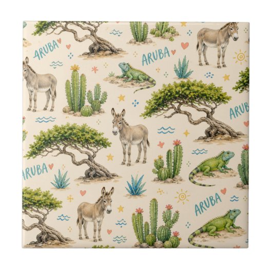 Aruba divi boom, ezel, leguaan, cactus tegeltje (Voorkant)