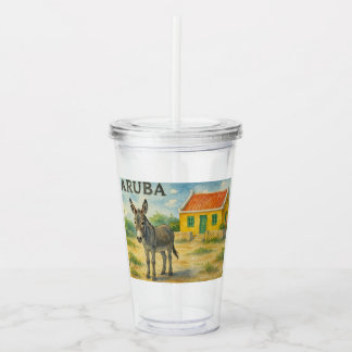 Aruba Donkey with Yellow Cunucu house watercolor Acryl Drinkbeker